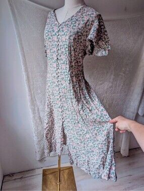 Vtg Short Sleeve Corset Tie Back Pink Green Floral Pearl Button Down Dress